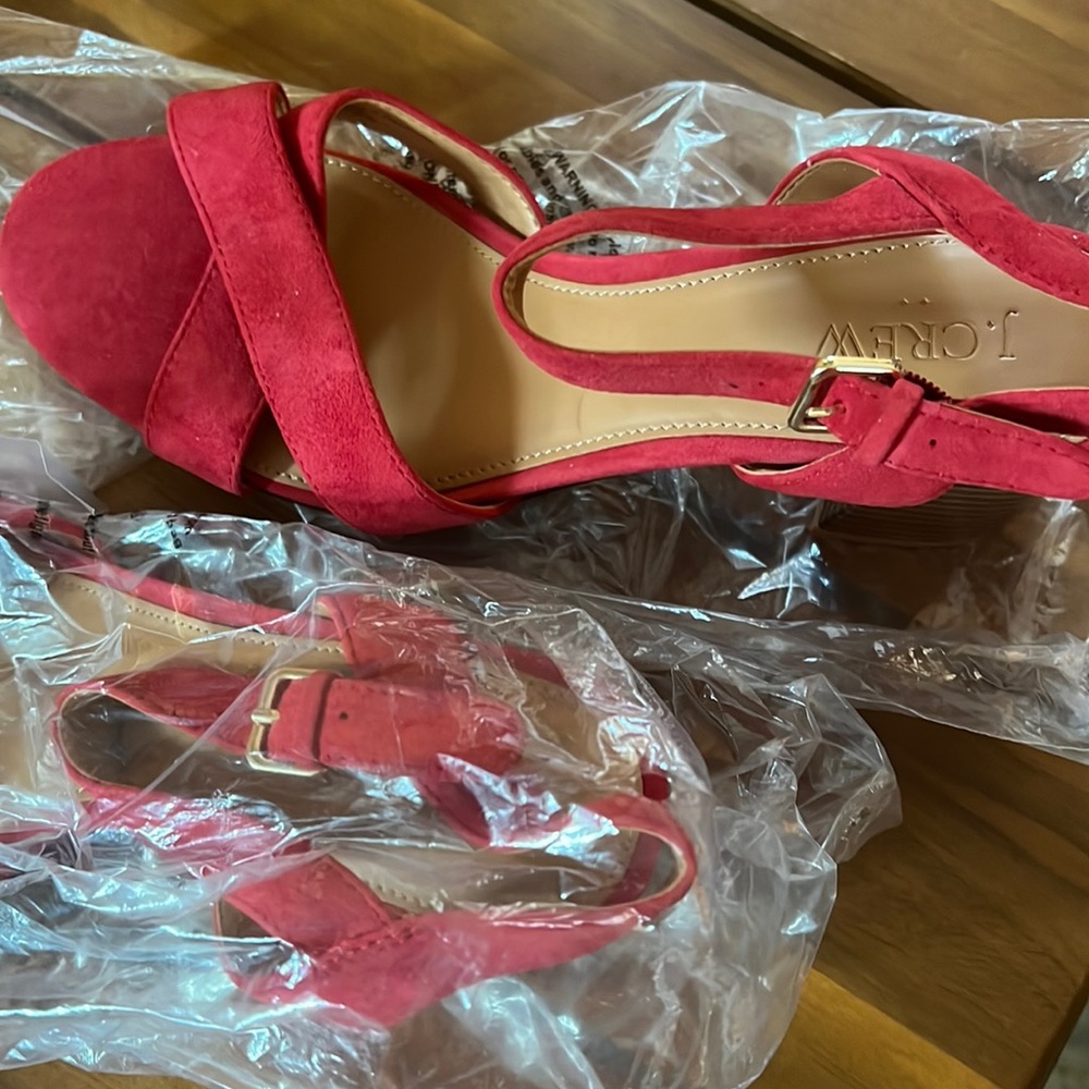 JCrew red sandals with short block heel.